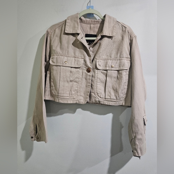 Banana Republic Cropped Utility Jacket Dark Khaki Color Sz Small Cotton & Linen - Picture 8 of 11